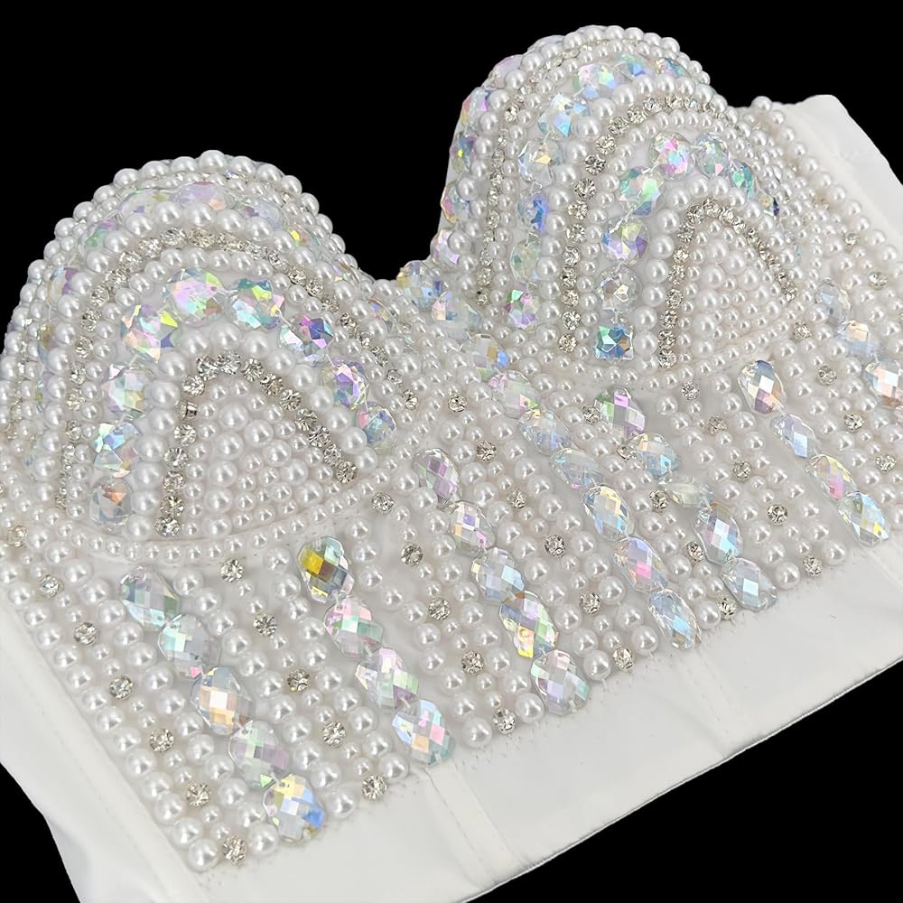 ELLACCI Women's Diamond Pearl Rhinestone Bustier Crop Top